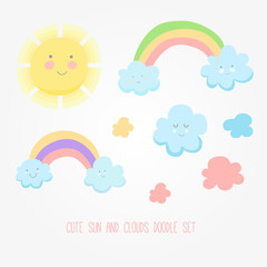 Set of cute sun, cloud and rainbow illustration.