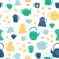 Different tea and coffee cups, pots background.