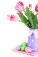 Easter composition with fresh tulips and easter eggs isolated