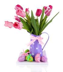 Easter composition with fresh tulips and easter eggs isolated