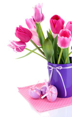 Easter composition with fresh tulips and easter eggs isolated
