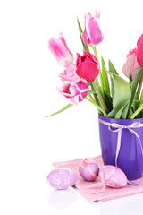 Easter composition with fresh tulips and easter eggs isolated