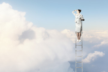 Businesswoman standing on ladder