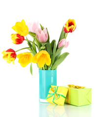 Beautiful tulips in bucket isolated on white