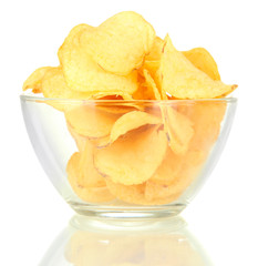 Potato chips in glass bowl, isolated on white
