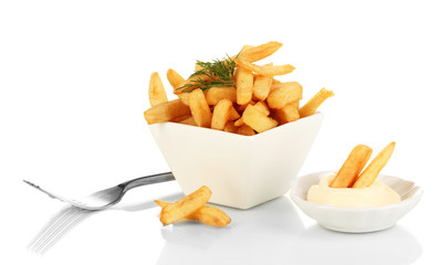 French fries in bowl isolated on white