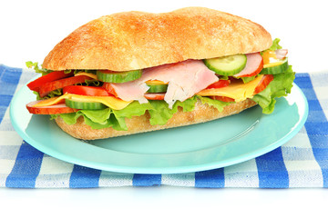 Fresh and tasty sandwich with ham and vegetables isolated