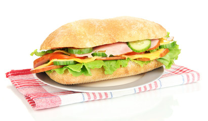 Fresh and tasty sandwich with ham and vegetables isolated