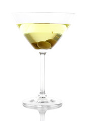 Martini glass with olives isolated on white
