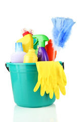 Cleaning items in bucket isolated on white