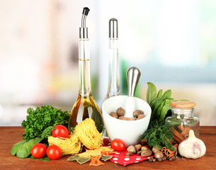 Composition of mortar, pasta and green herbals,