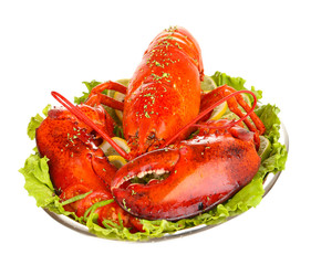 Red lobster on platter with vegetables isolated on white