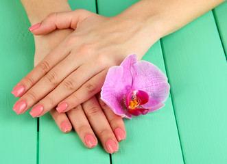 Woman hands with pink manicure and orchid