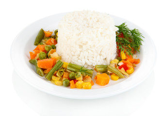 Delicious risotto with vegetables isolated on white