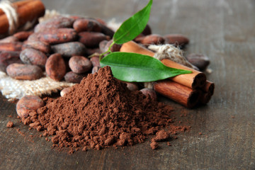 Cocoa beans, cocoa powder and spices on wooden background