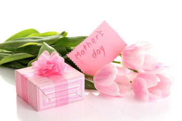 Beautiful bouquet of pink tulips and gift for Mother's Day,