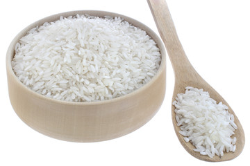 Raw rice in bowl isolated  on a white background