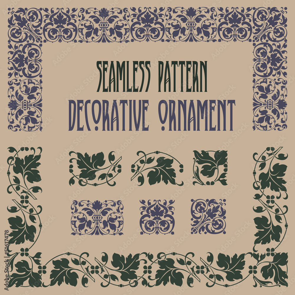 Wall mural set of plant elements for creating borders and frames