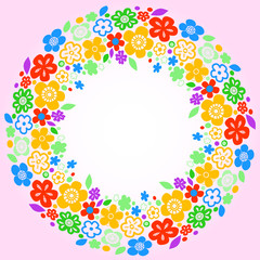 Floral colorful wreath on a pink background for a card