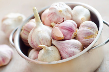garlic in metal bowl on the table
