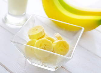 Fresh banana in the glass bowl, banana and milk