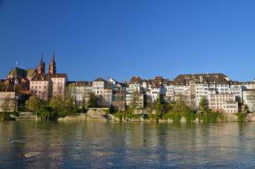 View of Basel and its Cathedral from the river Rhine
