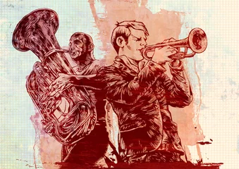 Crédence de cuisine en verre imprimé Groupe de musique fond avec des trompettes dans le style grunge