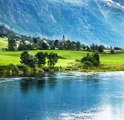 Landscape with mountains in Norwegian village Olden.