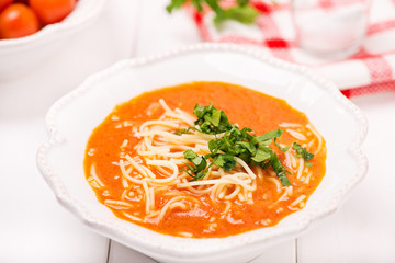 tomato soup with noodle - obrazy, fototapety, plakaty
