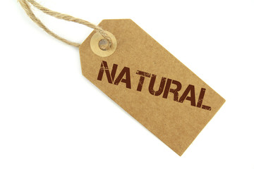 " Natural " text stamp on a label with natural paper and rope