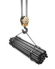 Crane hook  with steel pipes 3D. Isolated on white background