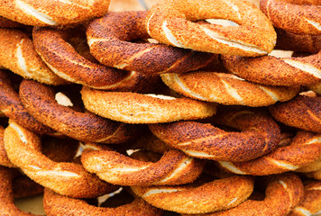 Many fresh Turkish bagels with sesame