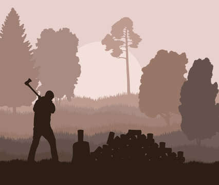 Lumberjack with axe vector background in nature