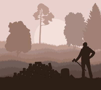 Lumberjack with axe vector background in nature
