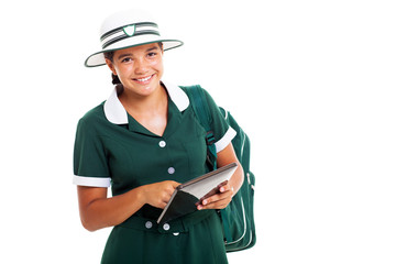 smiling teen schoolgirl with tablet computer