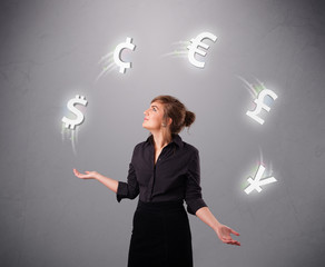 young lady standing and juggling with currency icons