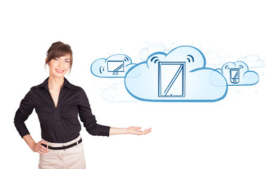 young woman presenting modern devices in clouds