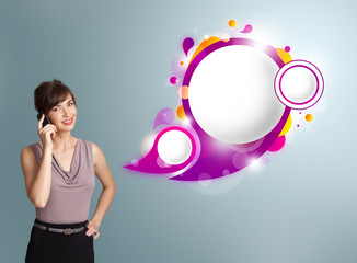 Pretty woman presenting abstract speech bubble copy space and ma