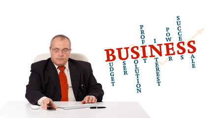 businesman sitting at desk with business word cloud