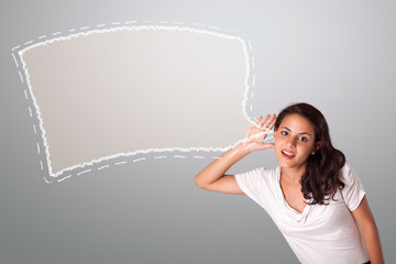 beautiful woman gesturing with abstract speech bubble copy space