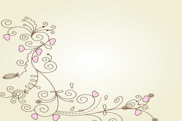 floral background with flowers, leaves, and branches of blooming