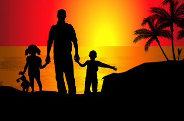 Fototapeta na wymiar Silhouettes of happy parents having good time with their little