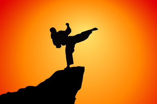 Woman karate in the sunset, silhouette