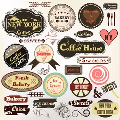 Papier Peint photo Poster vintage Collection de vieux badges ou étiquettes café, boulangerie a