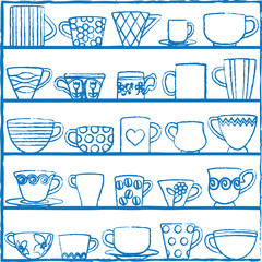 Hand drawn cups and mugs on shelves