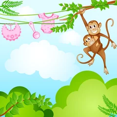 Papier Peint photo Zoo illustration vectorielle de singe se balançant avec kid