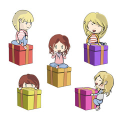 Colorful gift box with kids on white background. Vector design.