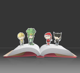 Kids with costumes on Pop Up book. Vector illustration.