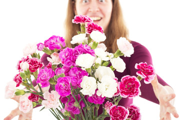Woman getting beautiful bunch of dianthus caryphyllus