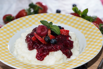 Portion of fruity Rice Pudding